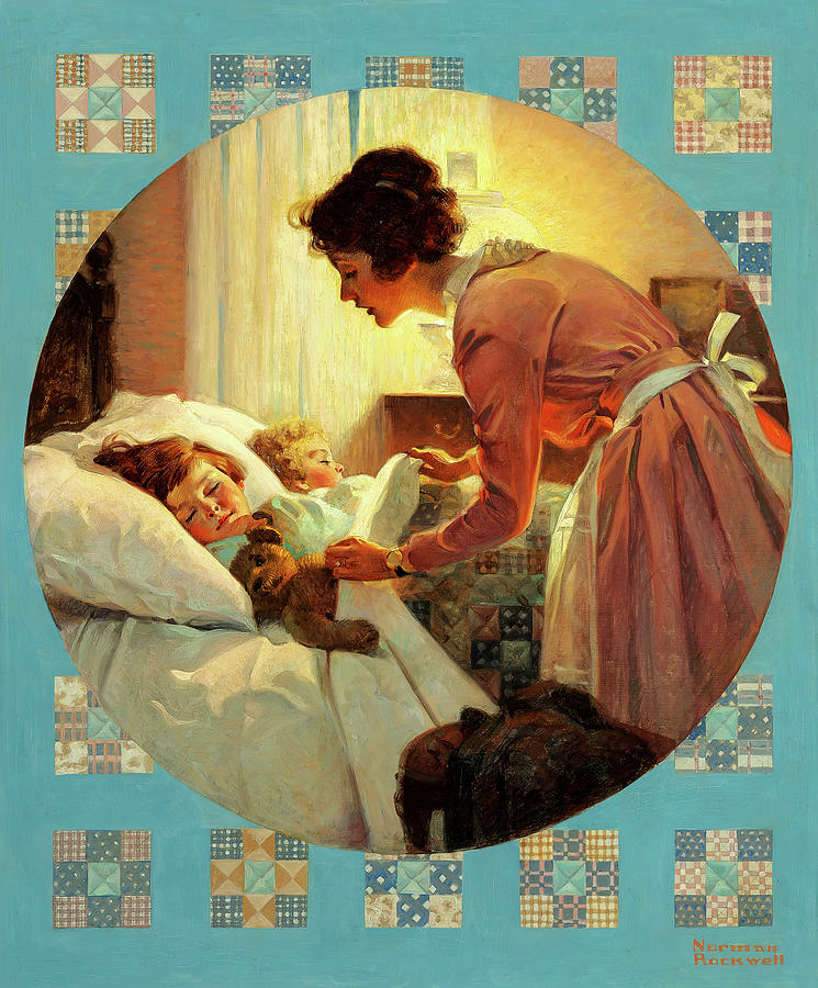 Mother Tucking Children into Bed Painting by Norman Rockwell