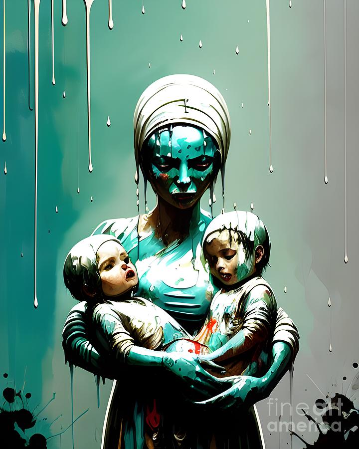 Motherly Love - Wet Paint Drip Art of a Mother Holding Two Babies Mixed Media by Artvizual Premium