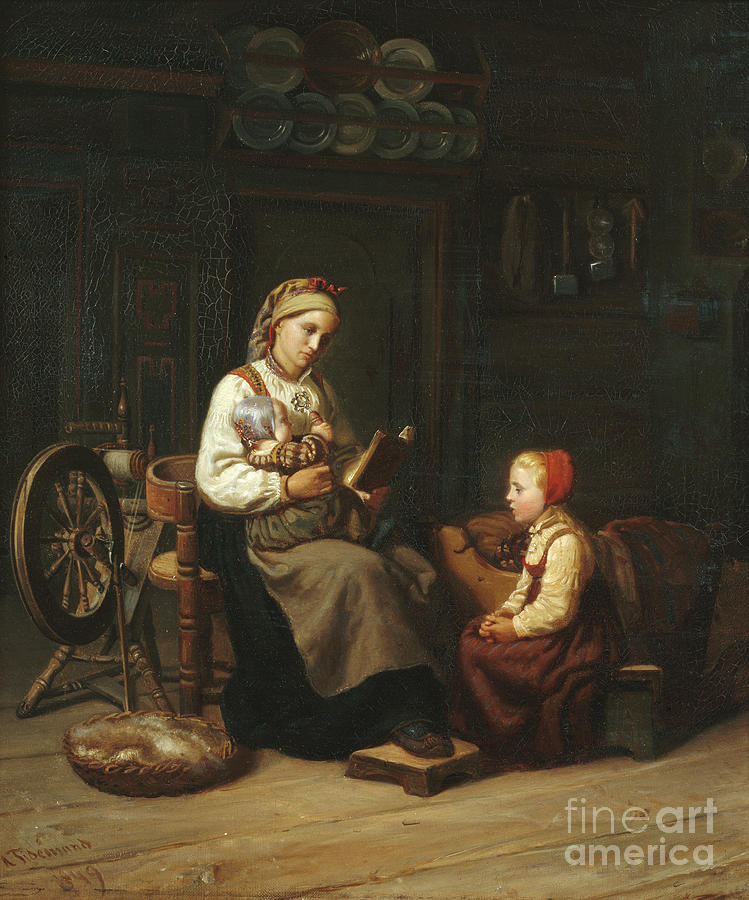 Mothers teaching, 1849 Painting by O Vaering by Adolph Tidemand