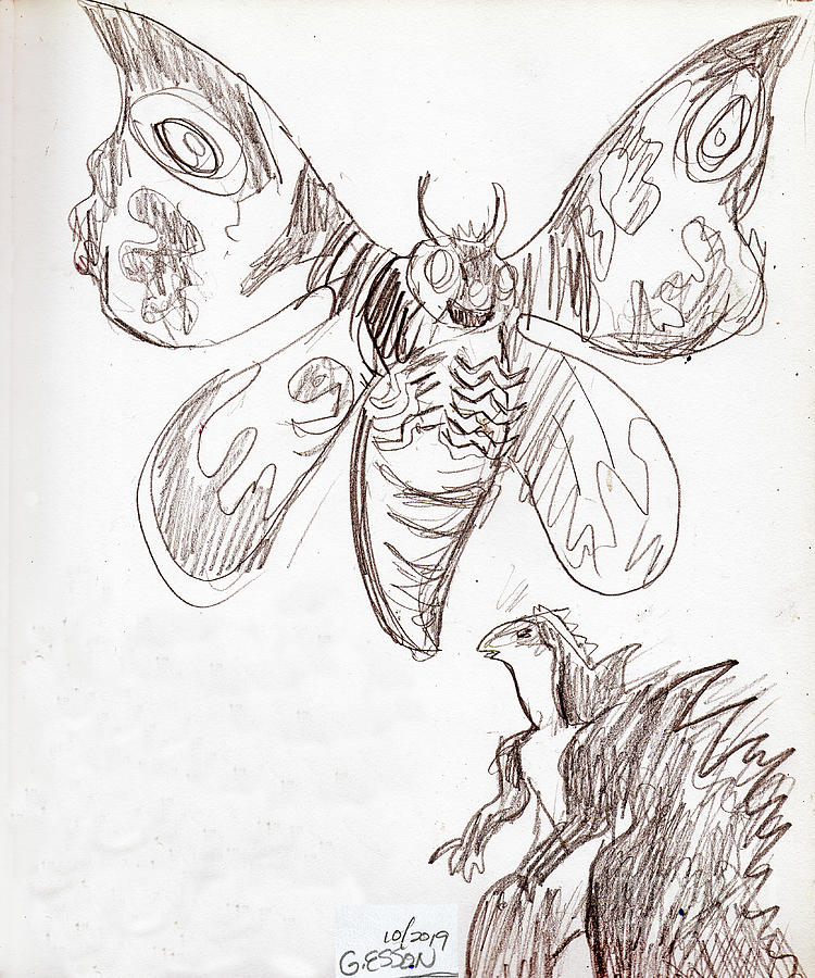 Nature Painting - Mothra Versus Godzilla by Genevieve Esson