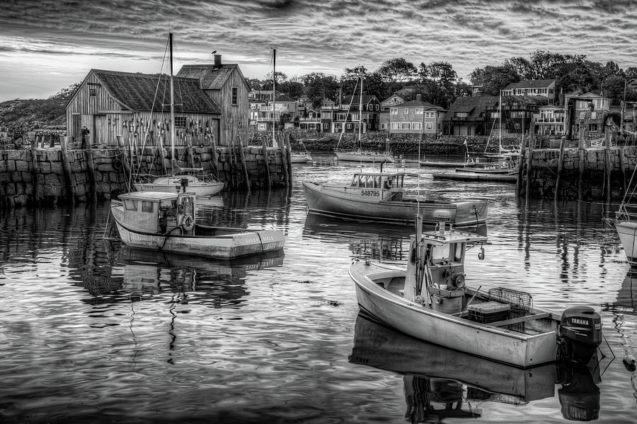 Black And White Photograph - Motif #1 and Lobster Boats at Sunrise in Rockport Harbor - Black and White by Gregory Ballos
