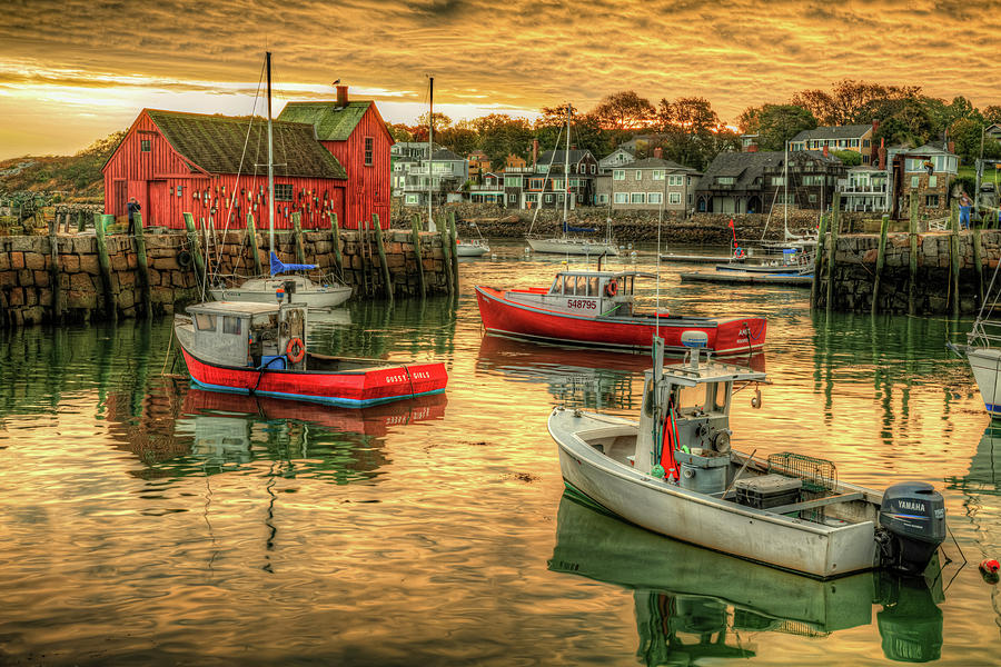 America Photograph - Motif #1 and Lobster Boats at Sunrise in Rockport Harbor by Gregory Ballos