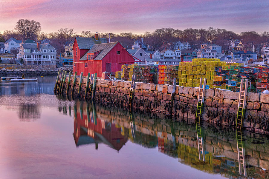 Motif #1 and Lobster Traps Sunrise Reflection Photograph by Juergen Roth
