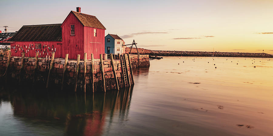 America Photograph - Motif #1 Fishing Shack and Rockport Harbor Sunrise Panorama by Gregory Ballos