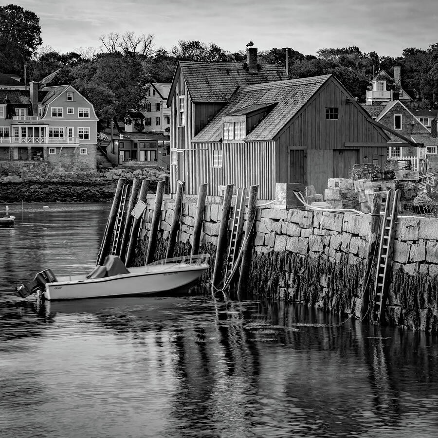 Black And White Photograph - Motif #1 Fishing Shack - Rockport MA Monochrome 1x1 by Gregory Ballos