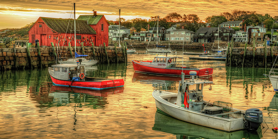 America Photograph - Motif #1 Fishing Shack Sunrise Panorama and Rockport Harbor by Gregory Ballos