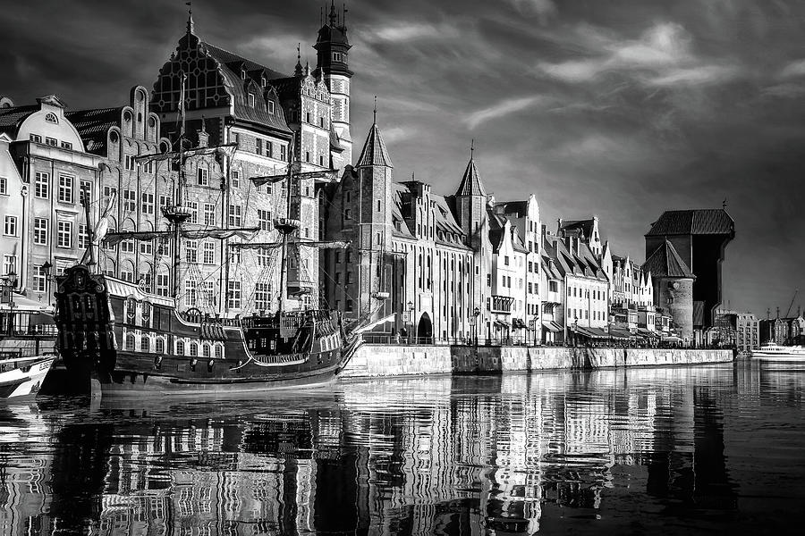 Motlawa River and Old Town Gdansk Poland Black and White  Photograph by Carol Japp