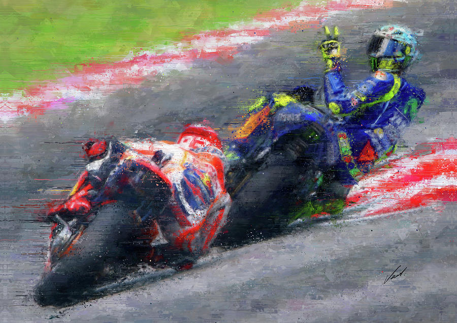 MOTO GP Rossi vs Marquez by Vart Painting by Vart