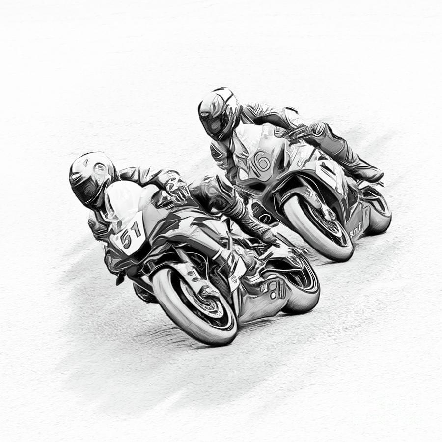 Motorbike Racing Action Sport - Monochrome 2 Digital Art by Philip Preston