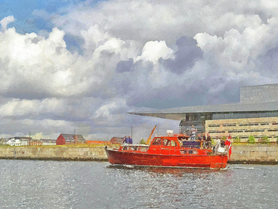 Motorboat in front of the Copenhagen Opera House Digital Art by Digital Photographic Arts