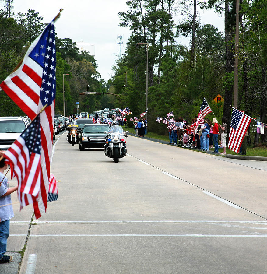 Motorcade with police officers and flags. Parade, funeral. USA. Photograph by Fstop123