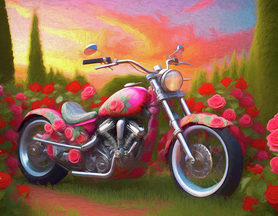 Motorcycle Roses And Sunset Digital Art