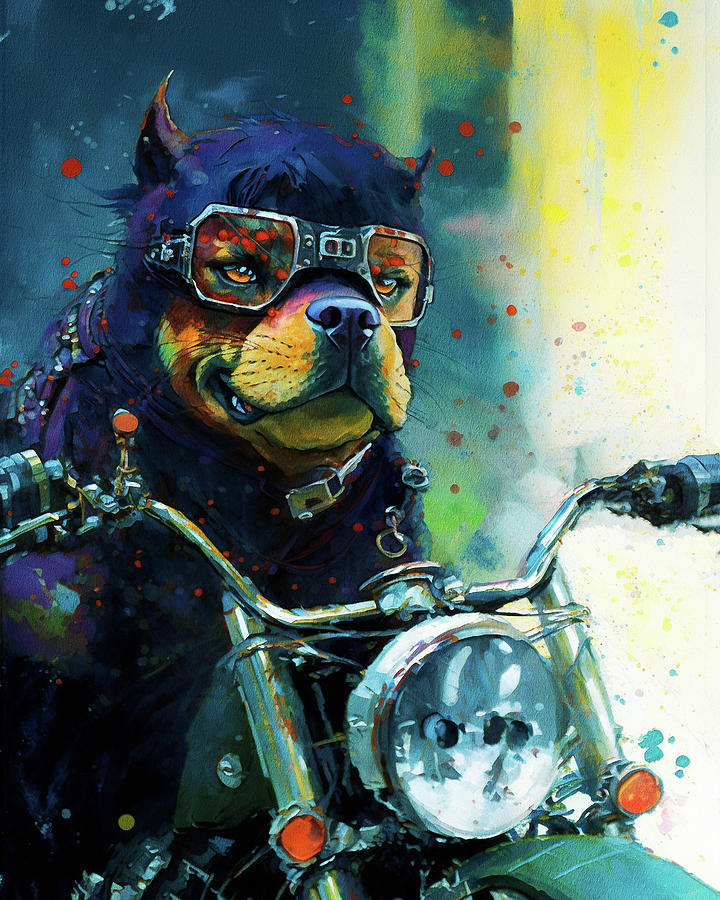 Dog Painting - Motorcycle, Motorbike - Rottweiler Dog Fanny Anime Colorful Graphic 002 by Aryu