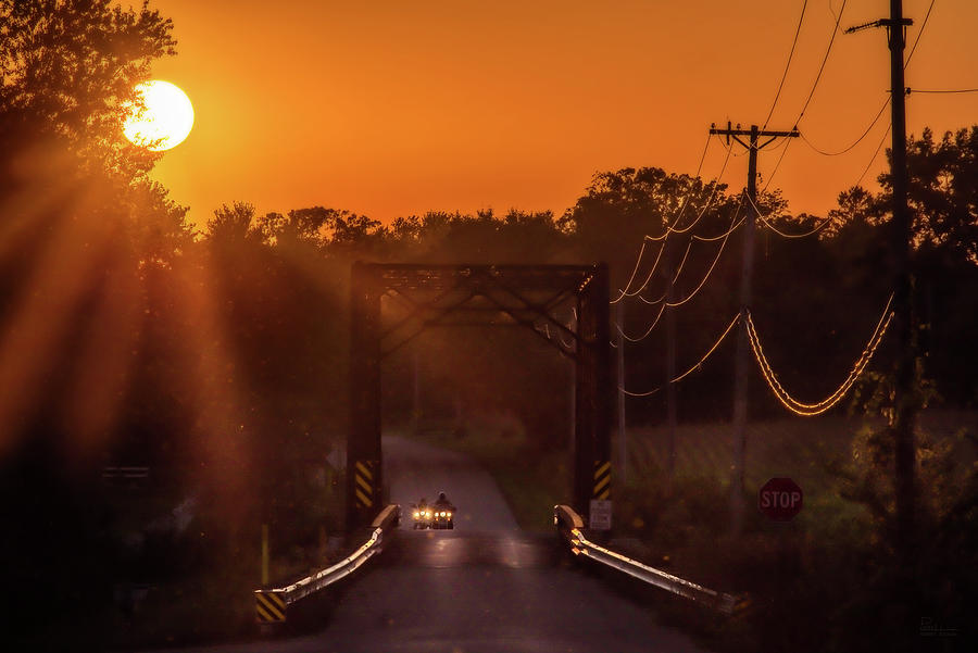 Motorcycle Road Trip - Two harleys crossing the old Dyerson Bridge at sunset around equinox Photograph by Peter Herman