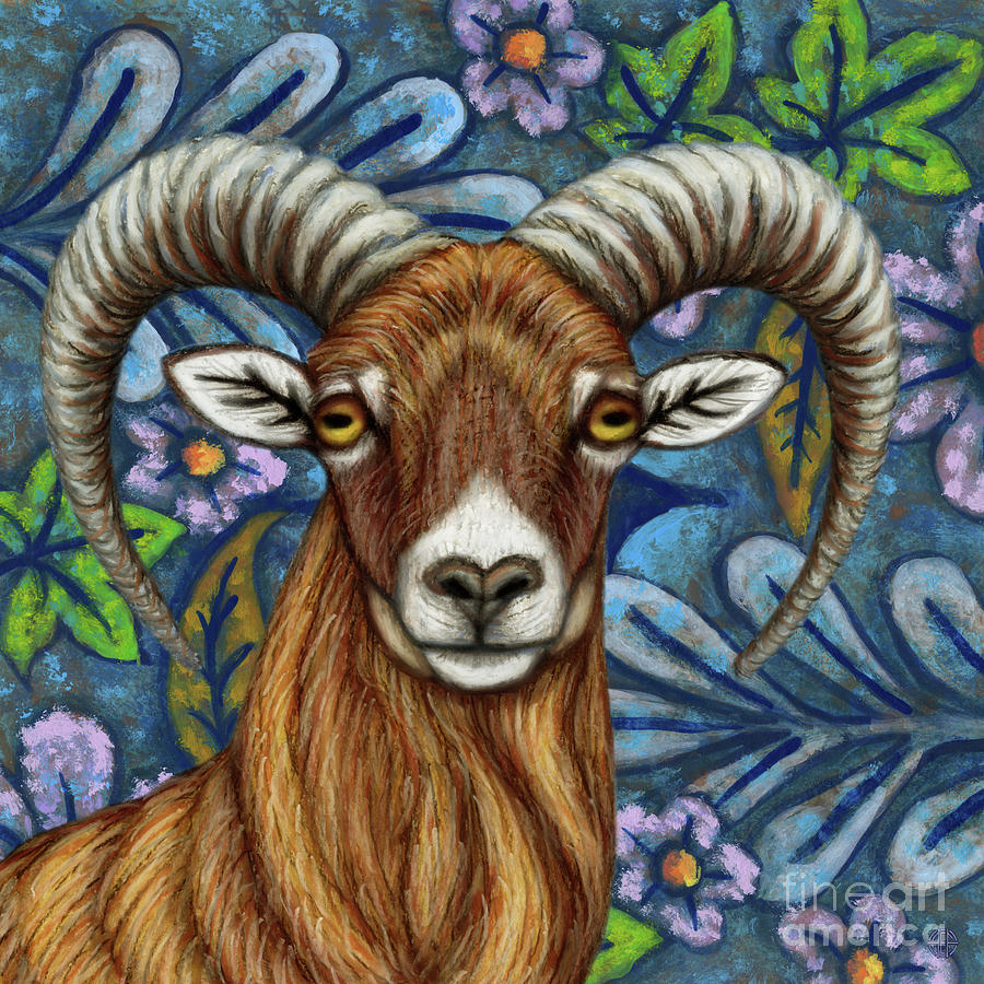 Mouflon Ram Floral Painting by Amy E Fraser