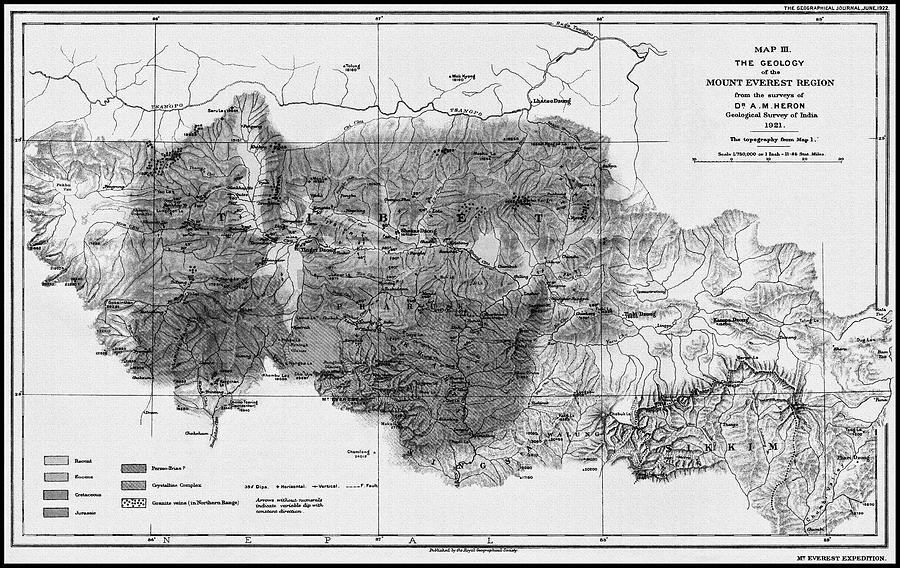 Vintage Photograph - Mount Everest Region Geological Vintage Map 1921 Black and White by Carol Japp