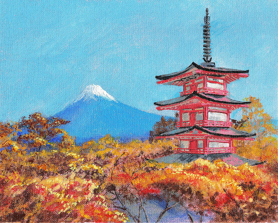 Mount Fuji and Chureito Pagoda in Fall Painting by Masha Batkova