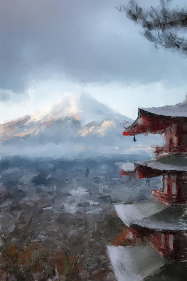 Mount Fuji and Pagoda Painting by Gary Arnold