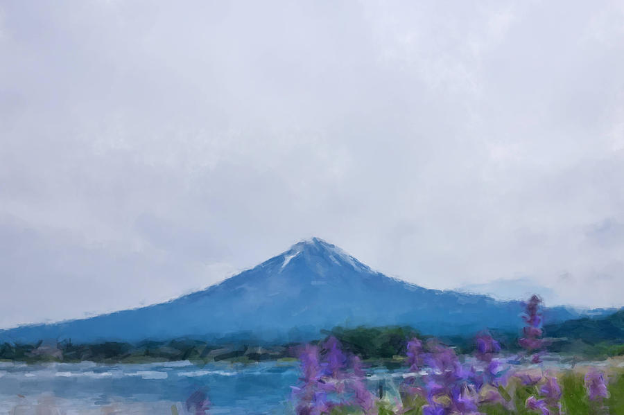 Mount Fuji and Purple Flowers Painting by Gary Arnold