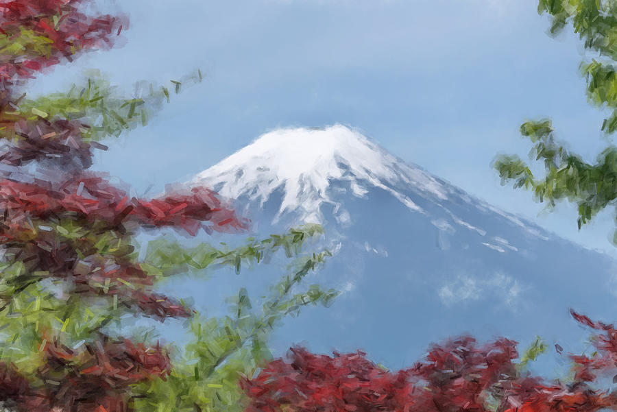 Mount Fuji and Red and Green Leaves Painting by Gary Arnold