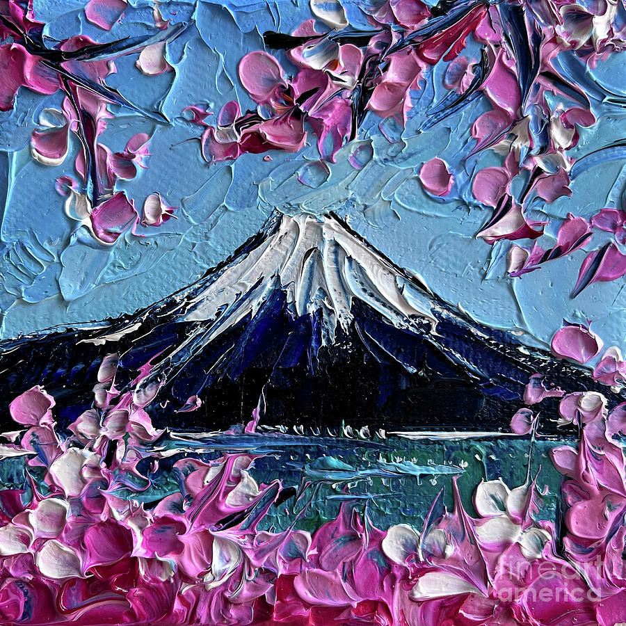 MOUNT FUJI CHERRY BLOSSOM abstract mini knife oil painting Painting by Mona Edulesco