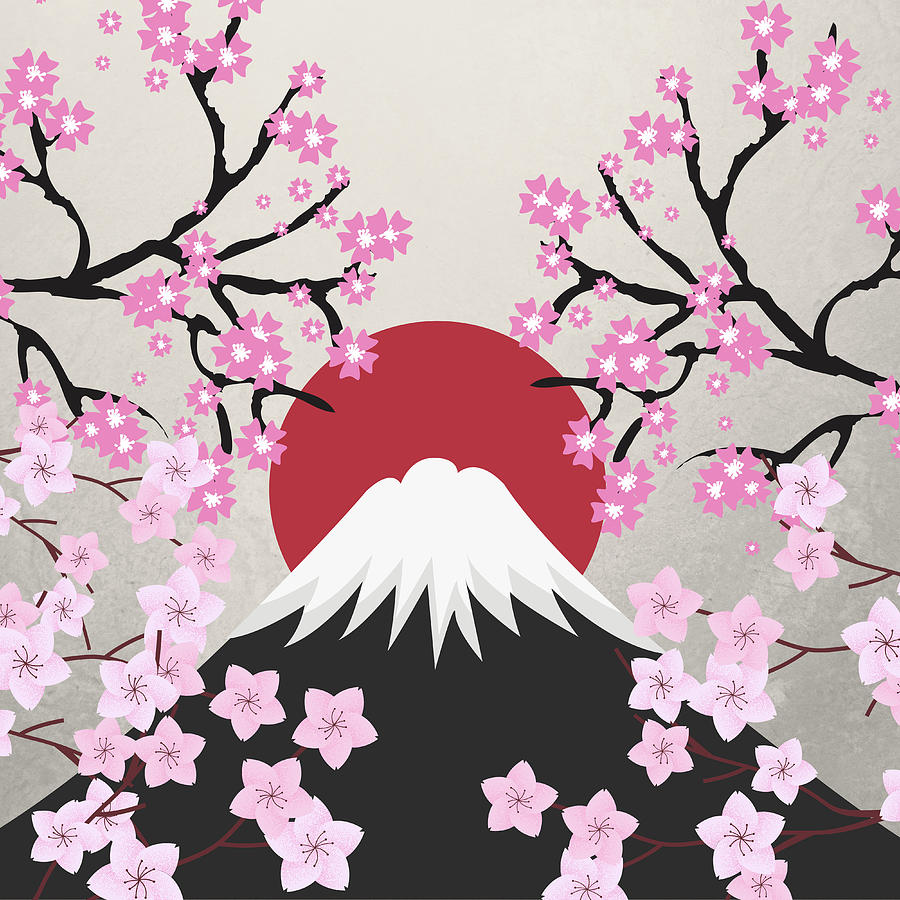 Mount Fuji Japan Sunset Cherry Blossoms Spring Nature Print Digital Art by Aaron Geraud