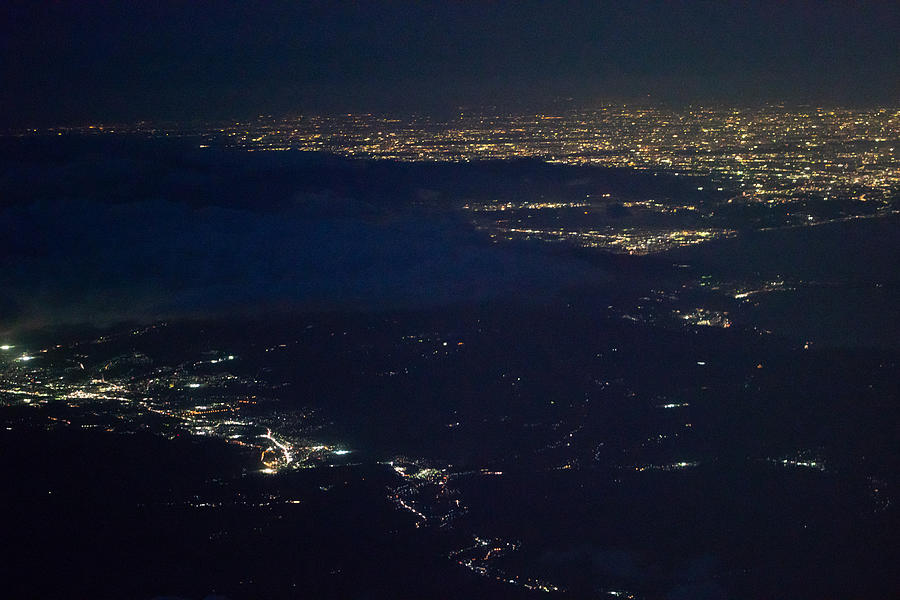 Mount Hakone, Suruga Bay, Mishima and Numazu cities in Shizuoka prefecture and Odawara and Hiratsuka cities in Kanagawa prefecture in Japan night time aerial view from airplane Photograph by Taro Hama @ e-kamakura