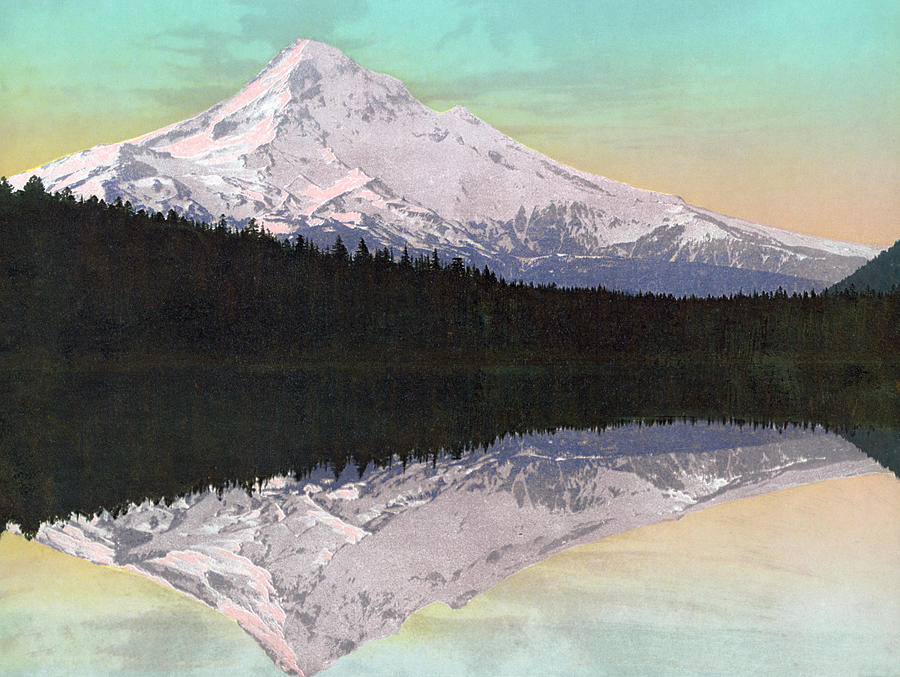 Mount Hood from Lost Lake - Circa 1900 Photochrom Photograph by War Is Hell Store