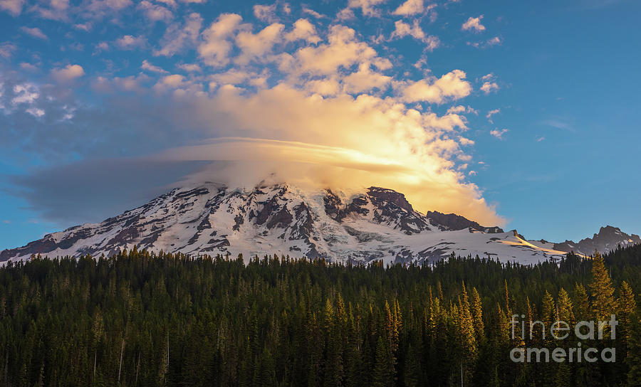 Mount Rainier Golden Lenticular Clouds Photograph