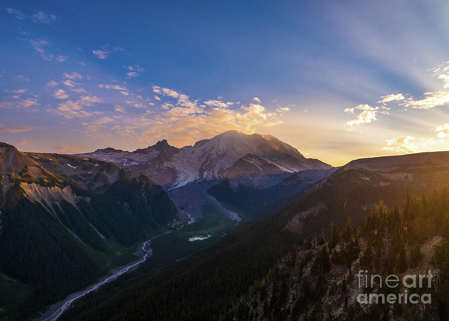 Mount Rainier Golden Sunrays Photograph