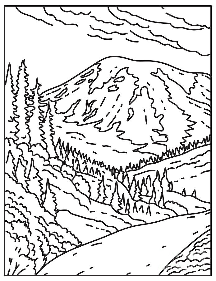 Mount Rainier In Mount Rainier National Park Located In Washington State United States Mono Line Or Monoline Black And White Line Art Digital Art