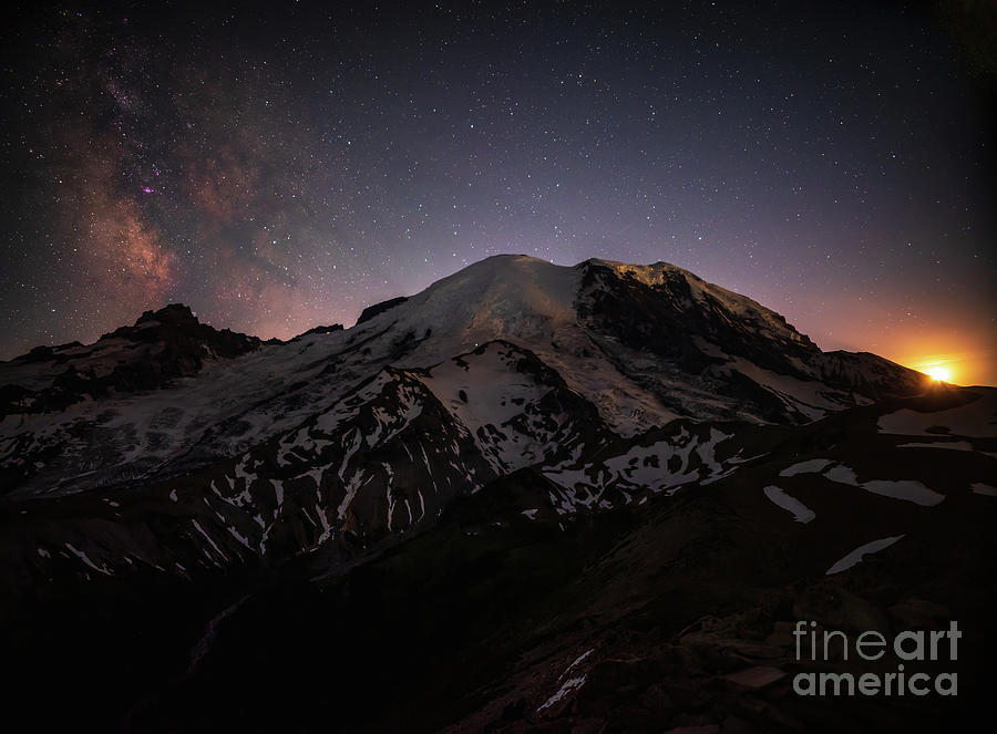 Mount Rainier Moonset And Milky Way Photograph