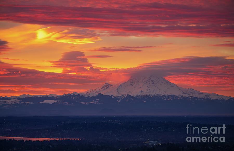 Mount Rainier Photograph - Mount Rainier Morning Fire by Mike Reid