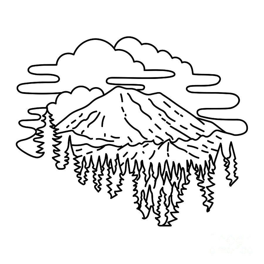 Mount Rainier National Park Digital Art - Mount Rainier National Park in Washington State Monoline Line Art Drawing by Aloysius Patrimonio