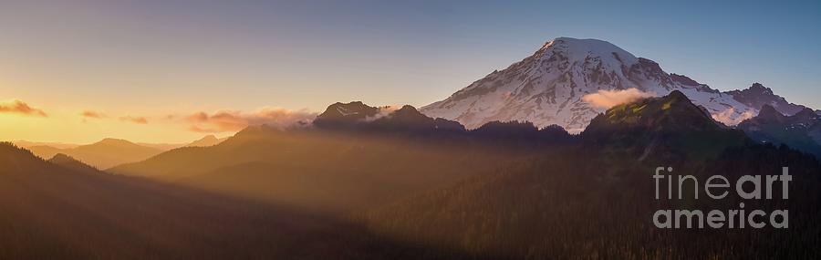 Mountain Photograph - Mount Rainier Sunset Panorama Sunrays by Mike Reid