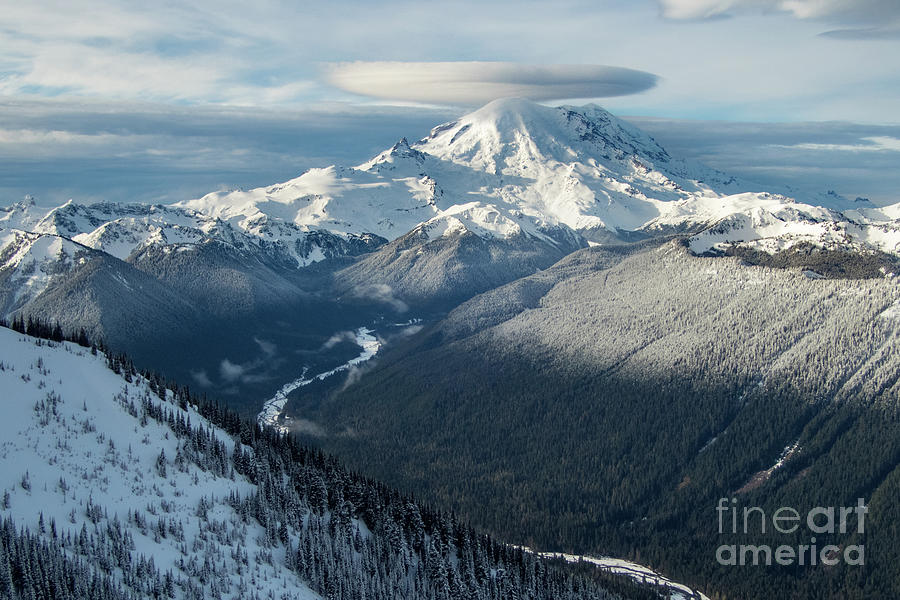 Mount Rainier with Lenticular Cloud and White River Valley Photograph by Nancy Gleason