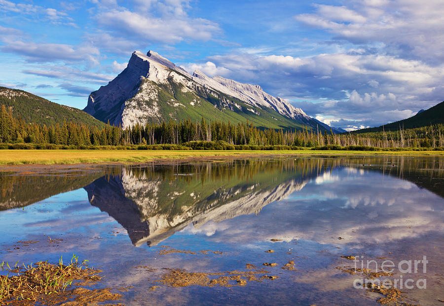 Mount Rundle reflected in Vermillion Lakes, Canadian Rockies Photograph by Neale And Judith Clark