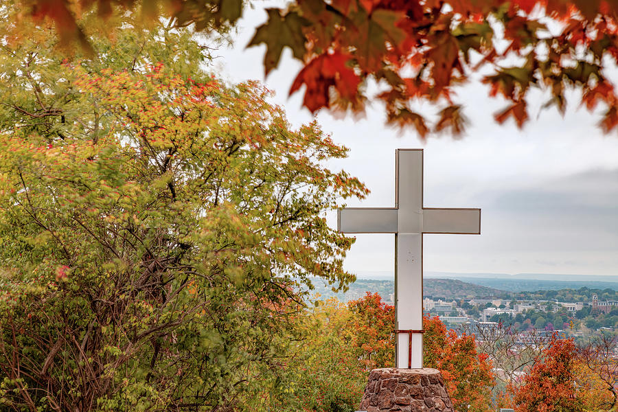 Mount Sequoyah Cross and University of Arkansas in Autumn Photograph by Gregory Ballos