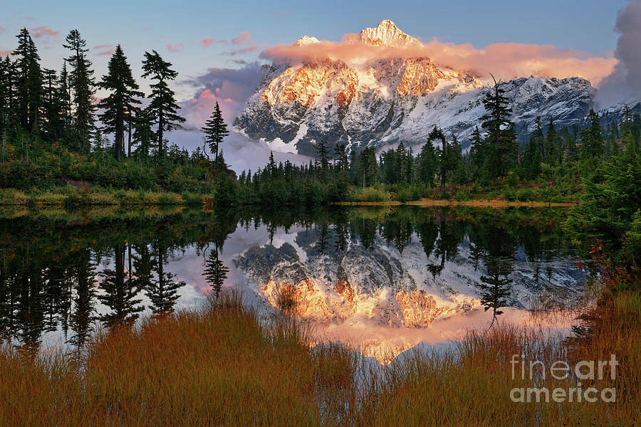 Mount Shuksan Reflecting in Picture Lake at Sunset in Autumn Photograph by Tom Schwabel