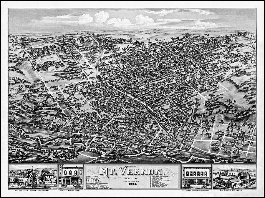 Mount Vernon New York Vintage Map Birds Eye View 1883 Black and White