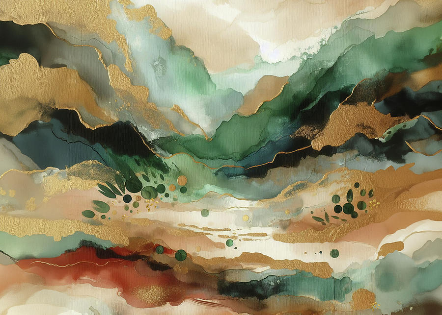 Mountain Abstract with Forest Green and Gold Highlights Digital Art by Alison Frank