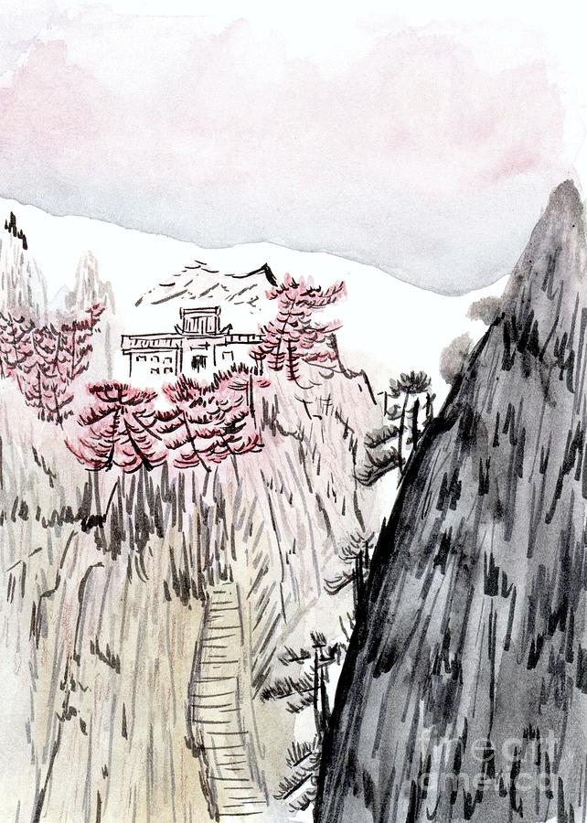 Mountain Asian House Watercolor Painting by Donna Mibus