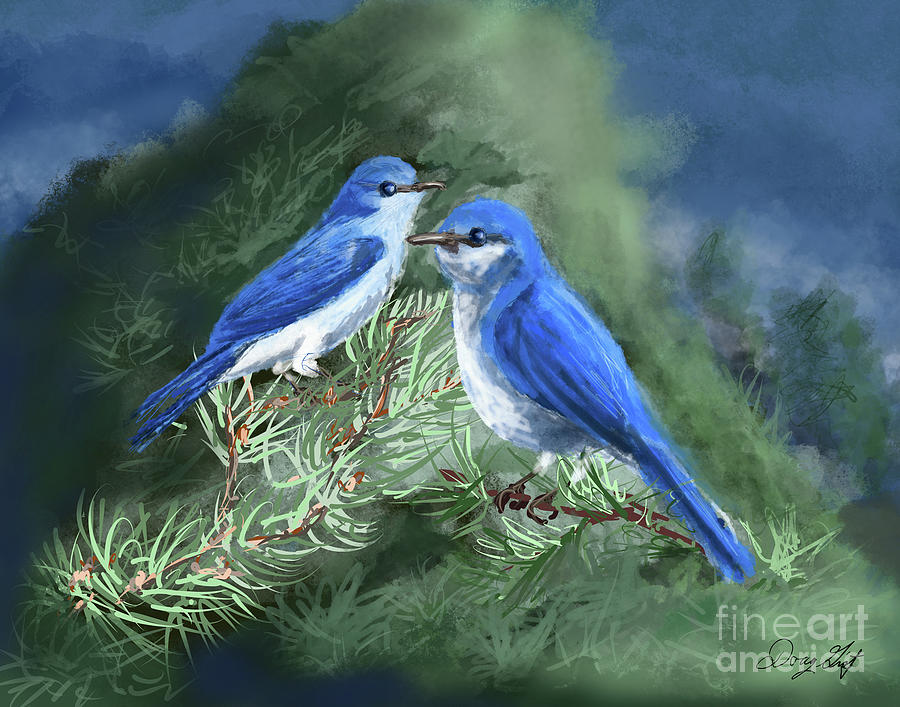 Mountain Bluebirds in Pinion Pines Digital Art by Doug Gist