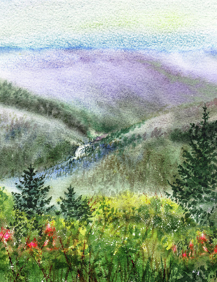 Mountain Creek Between Rolling Hills And Pine Forest  Painting by Irina Sztukowski