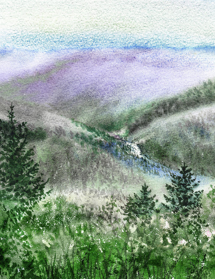 Mountain Creek Between The Hills Watercolor Landscape  Painting by Irina Sztukowski