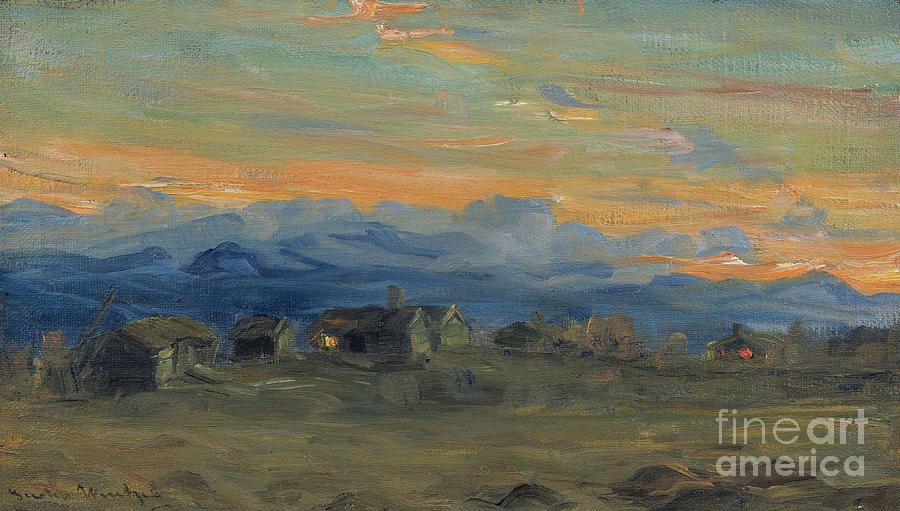 Mountain farm in evening light Painting by O Vaering by Gustav Wentzel