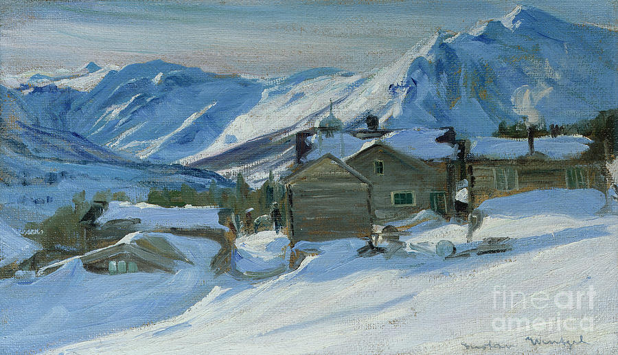 Mountain farm in snow landscape Painting by O Vaering by Gustav Wentzel