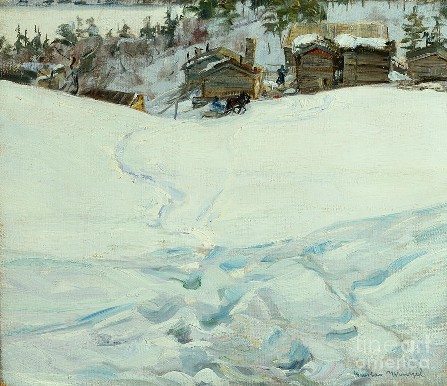 Mountain farm in winter landsacape Painting by O Vaering by Gustav Wentzel