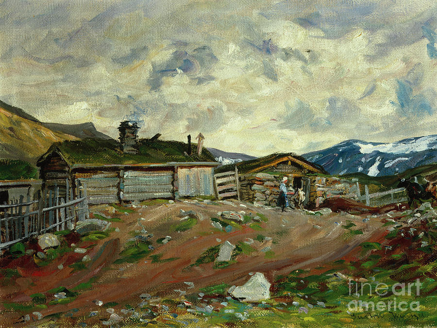Mountain farm with woman and cow Painting by O Vaering by Gustav Wentzel
