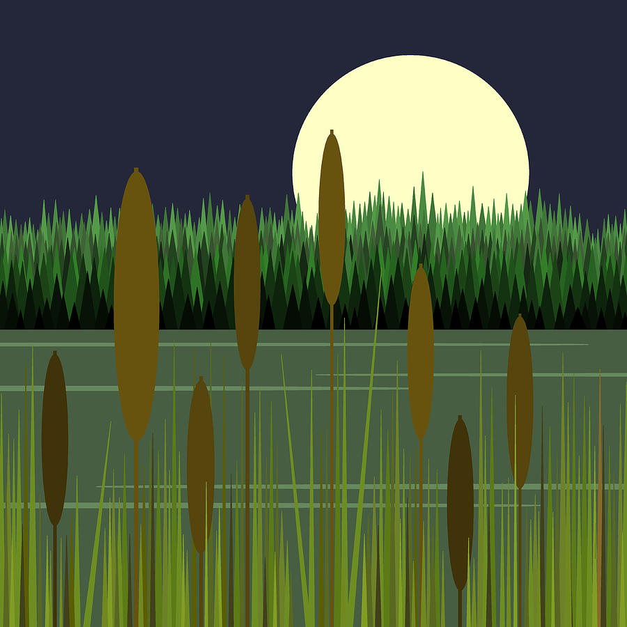 Mountain Lake and Cattails Digital Art by Val Arie